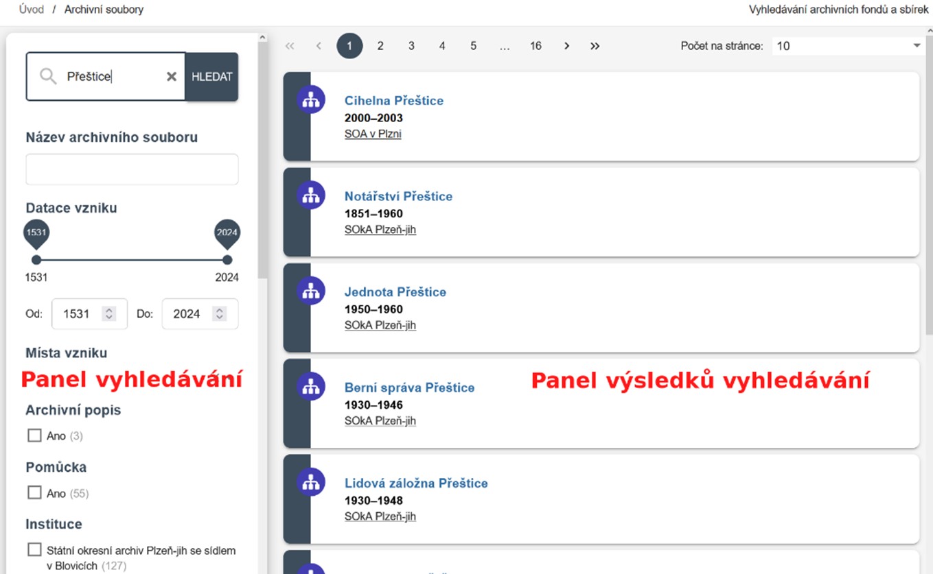 Ukázka filtru a výsledků vyhledávání